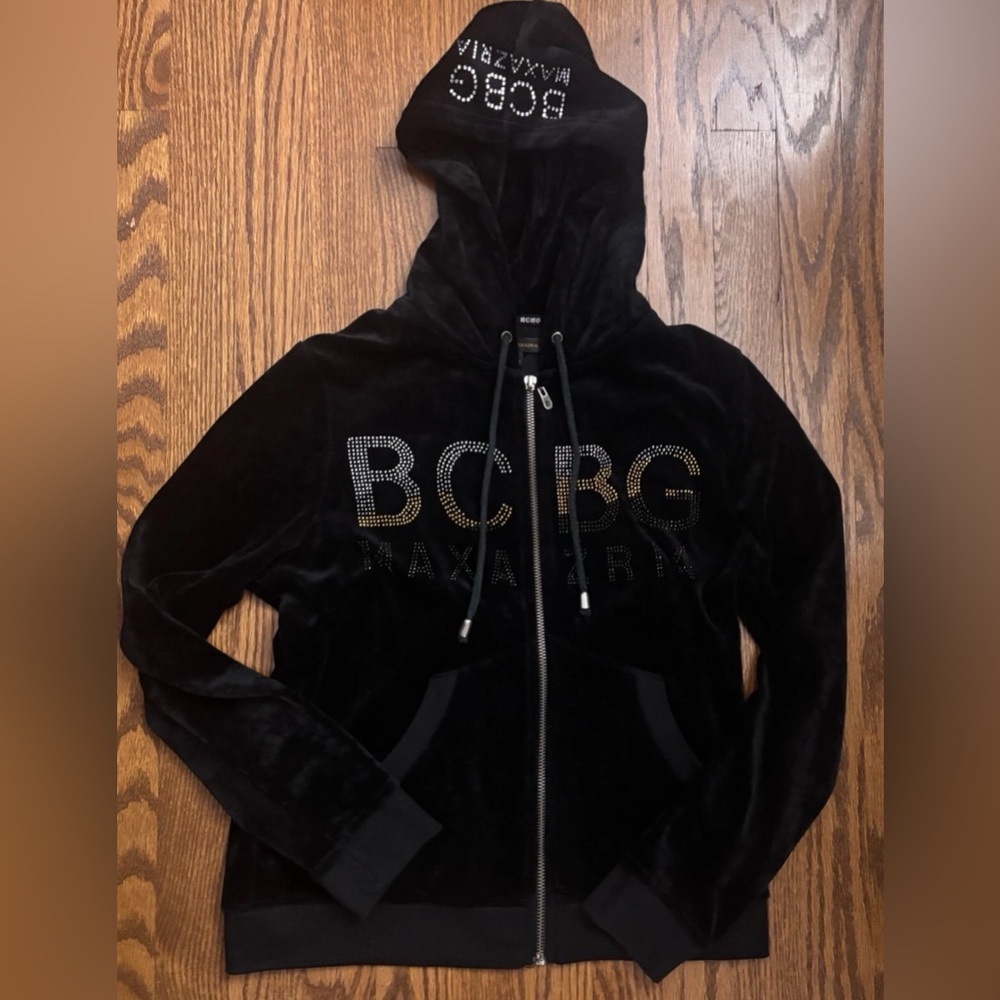 BCBGMaxAzria Y2K Black Velour Full Zip Hoodie Jacket with Rhinestones Size L/P